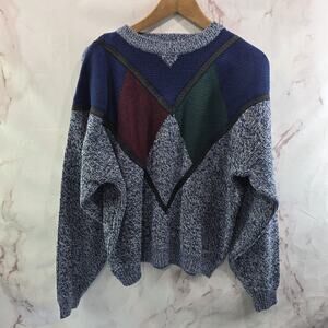 Vintage Sweater Mens Large Blue Green Crew 90s Y2K Patchwork Leather